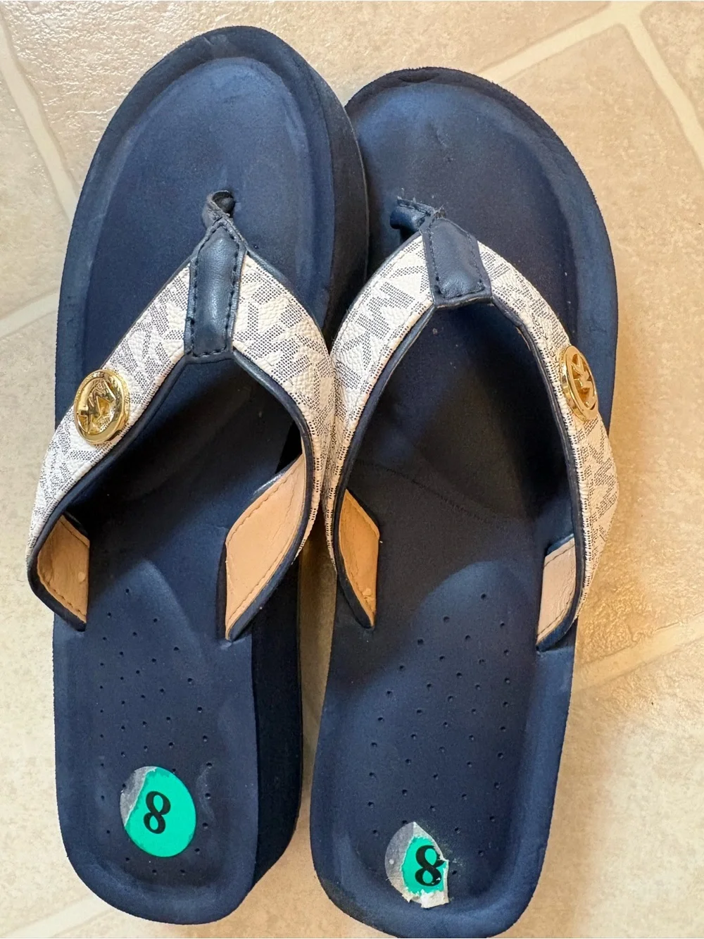 Michael Kors Navy and Beige Logo Flip Flops